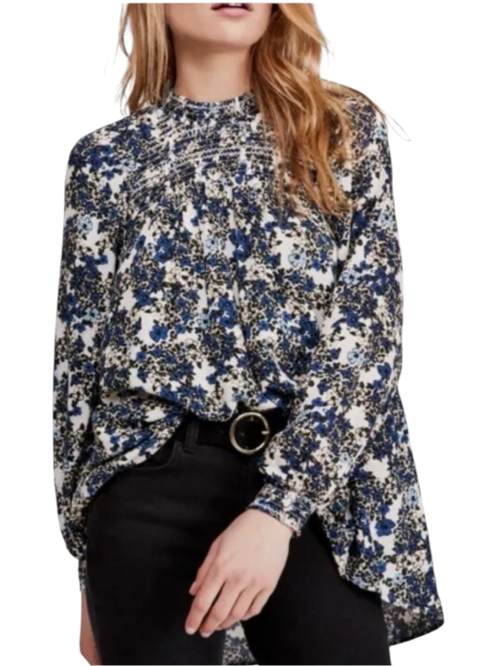FREE PEOPLE Flowers in her Hair Smocked Tunic Top Dress Top - Blue/White Size S